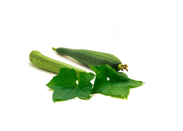 Duas Frutas Luffa Com Folhas Verdes Isoladas Fundo Branco Esponja — Fotografia de Stock