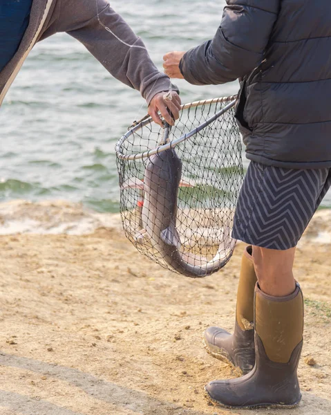 Asian Man Wear Fishing Boot Short Using Landing Net Fish — Stock Photo, Image