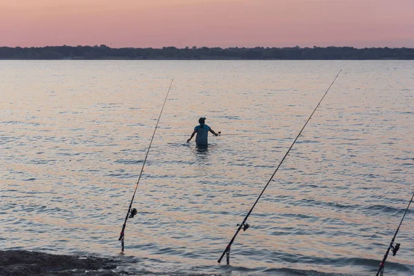 Rear View Wade Fishing Sunrise Asian Man Fishing Spin Casting — Stock Photo, Image