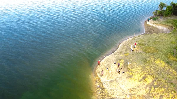 Vista Aerea Folla Persone Banca Pesca Mattina Presto Lavon Lake — Foto Stock