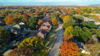 Kavisli banliyö yolları tek aile evleri ve renkli yeşillik vitrinleriyle kaplı Coppell mahalle tasarımı, mimari ritmi mevsimsel sıcaklık, sükunet, Dallas County, TX ile harmanlıyor. ABD