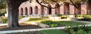 Panorama manzaralı geniş canlı meşe ağacı kalın yaprakları tuğla bina kemerli pencerelere karmaşık gölgeler bırakır. Beton banklar, asfalt kaldırım yolu Waco, Teksas 'taki üniversite kampüsünün bahçesine açılıyor. ABD