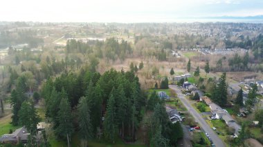 167 no 'lu otoban yakınındaki yerleşim birimleri vadinin üzerinde Auburn kuzey girişine doğru uzanır. Değişik çatı desenleri, sessiz kaplamalar, yumuşak öğleden sonra bulanıklığı, Kent, WA. ABD