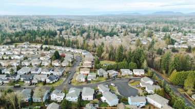 Meridian Gölü yakınındaki evler doğu tepesini Maple Vadisi 'nin batı ucuna bağlayan virajlı caddeler boyunca otururlar. Kiremit desenleri, garaj yolu çizgileri, sık ağaç kaplı banliyö manzarası, Kent, WA. ABD