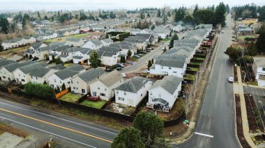 SE 272. Cadde yakınlarındaki East Hill blokları dar aralıklı evler çitlerle çevrili koridor boyunca dizilmiş, park edilmiş araçlar. Tarafsız kiremitler, kesilmiş çimenler, Washington Kent 'te kapalı hava tonları. ABD