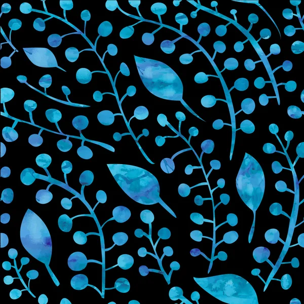 Naadloze patroon met blauwe aquarel takken en bladeren op een donkere achtergrond — Stockvector