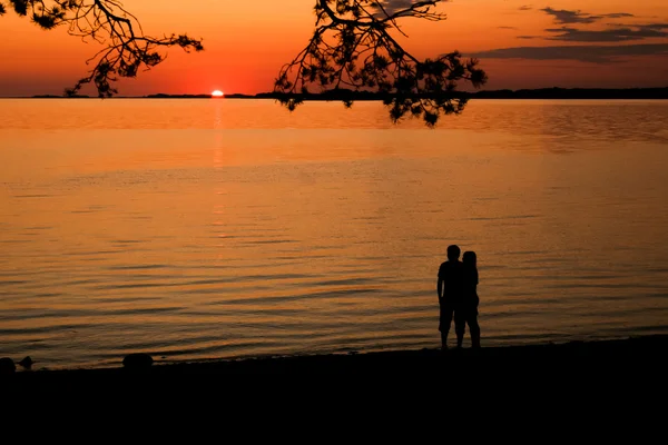 Junge Frau und Mann beobachten Sonnenuntergang Stockbild