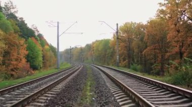 Sonbahar ormanlarında demiryolu hattında yavaş bir uçuş..