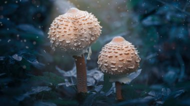 Genç, küçük mantarlar Macrolepiota Procera ormandaki bir çayırda sıcak güneş ışığıyla aydınlatılır. Hoş büyülü bir atmosfer.