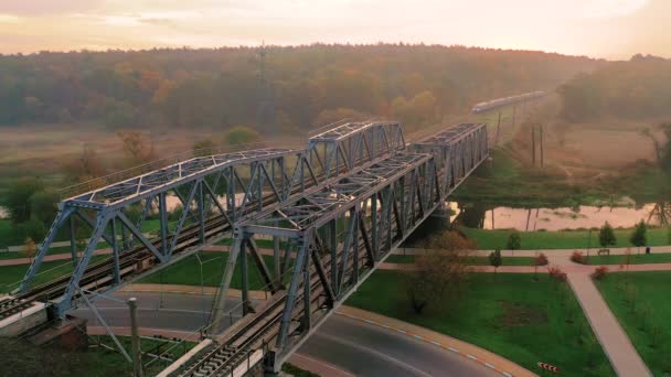 Tren metal bir demiryolu köprüsünden geçiyor. — Stok video