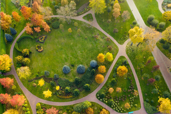 Aerial view of the lawn with green and yellow trees. beautiful autumn landscape.