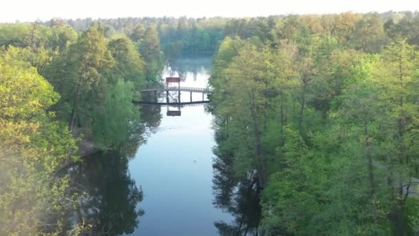 Puente de madera sobre el lago en el parque Pushcha Voditsa. — Vídeos de Stock