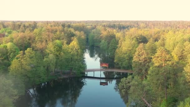 Puente de madera sobre el lago en el parque Pushcha Voditsa. — Vídeos de Stock