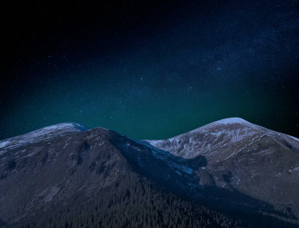 Starry sky over the tops of partially snow-capped mountains. Picturesque night landscape.