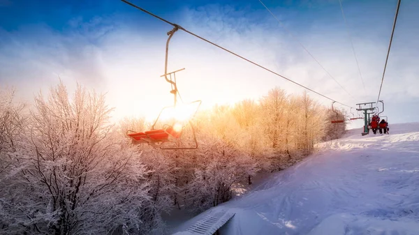 Dolomieten Uitzicht Skipiste Lift Bij Dageraad Prachtige Winter Berg Ochtend — Stockfoto