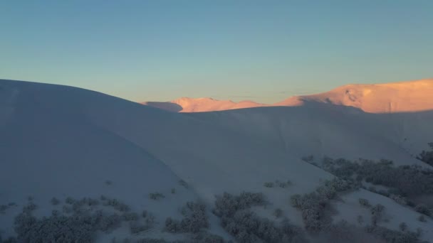 Vue de l'aube depuis la montagne enneigée. — Video