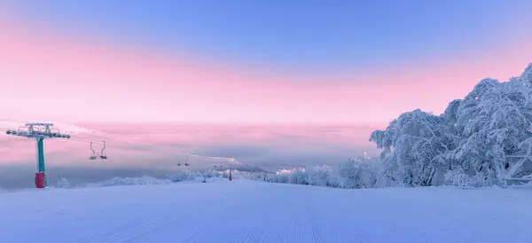 Estância Esqui Férias Inverno Maravilhosa Paisagem Montanhosa Pista Esqui Lado — Fotografia de Stock