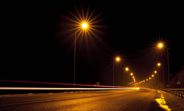 Autopista Libre Nocturna Fuera Ciudad Foto Larga Exposición Vista Superior — Foto de Stock