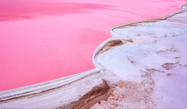 Pembe Ada 'daki adanın kıyılarında beyaz tuz. Lemuria Gölü, Ukrayna.