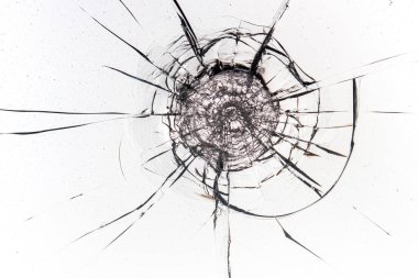 Beyaz arka plandaki camlarda çatlaklar var. Kırık pencere.