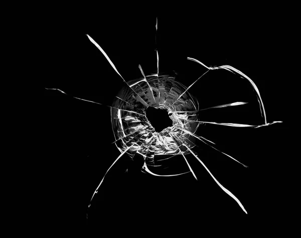 Cracks Window Bullet Hole Glass Isolated Black Background — Stock Photo, Image