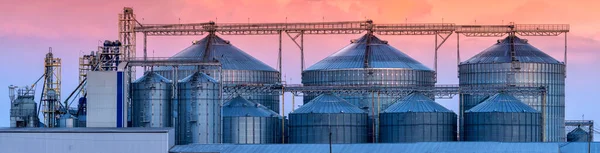 Large grain storage and drying complex on the background of the evening sky. Agricultural concept.