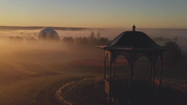 Mistyczna atmosfera Gazebo w parku we mgle o świcie — Wideo stockowe