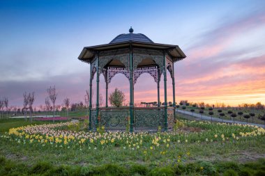 Güneş ve mavi gökyüzünün arka planında şafakta çardak dinlenmek ve sükunet için harika bir yer..