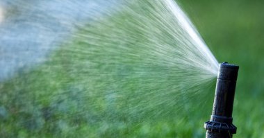 Otomatik sulama sisteminin döner başlığı sulu yeşil çimenleri suluyor..