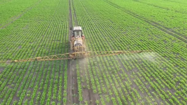 Application of water-soluble fertilizers, pesticides or herbicides in the field. View from the drone. — Stock Video