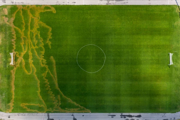 Pelouse Endommagée Sur Terrain Football Vue Depuis Drone Application Incorrecte — Photo