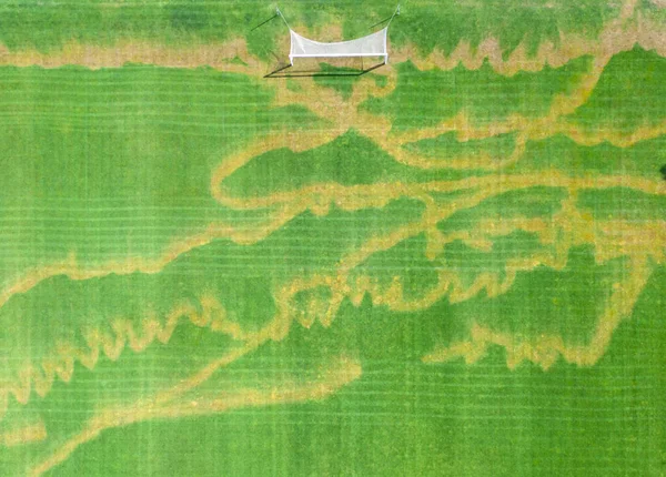 Relva Danificada Campo Futebol Vista Drone Aplicação Incorreta Fertilizantes Minerais — Fotografia de Stock