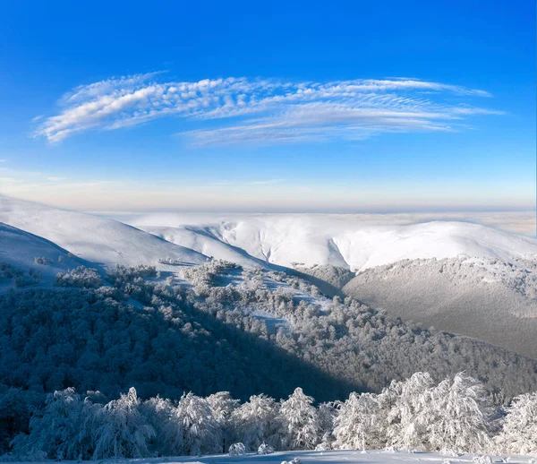 Maravilhosa Paisagem Montanha Inverno Amanhecer Topo Montanha Acima Das Nuvens — Fotografia de Stock