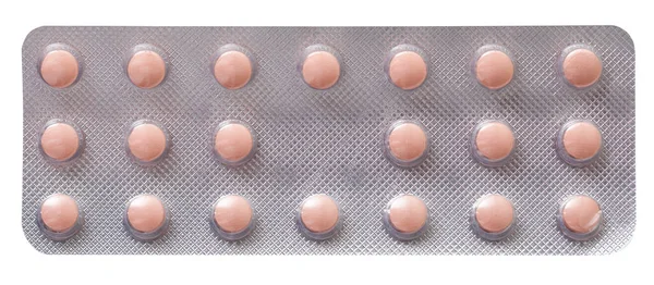 Medicina Placa Plástico Prata Com Comprimidos Cor Rosa Isolado Sobre — Fotografia de Stock