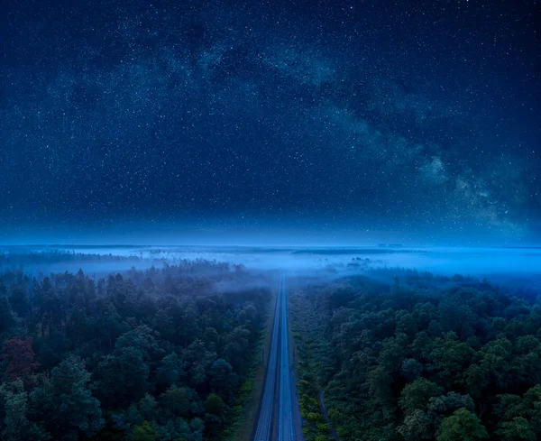 Heerlijk Zomernachtlandschap Sterrenhemel Dennenbos Waar Spoorlijn Doorheen Loopt Mystieke Magische — Stockfoto