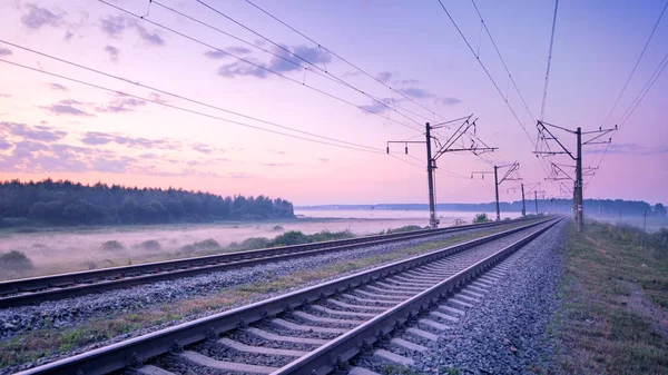 Demiryolu Hattında Hızlı Hareket Konsept Demiryolu Teslimatı Seyahat Hız Şafakta — Stok fotoğraf