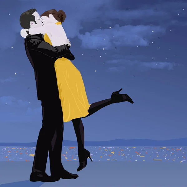 Gece Dans Eden Bir Çift Erkek Kadın Öpüşüyor Gökyüzünde Yıldızlarda — Stok fotoğraf