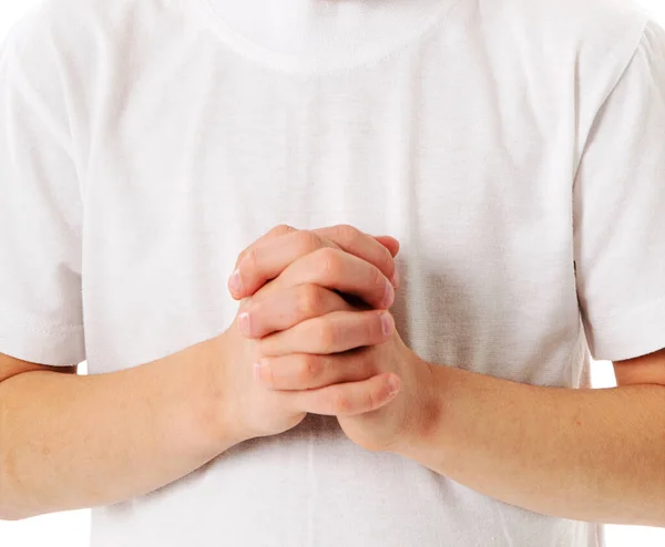 Menino Com Mãos Apertadas Para Oração Criança Rezando Deus — Fotografia de Stock