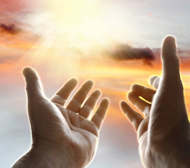 Hands open palm up worship. Open hand up to sunset sky clipart