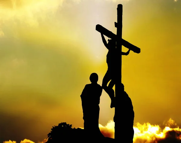 Silhouette Jésus Christ Crucifixion Sur Croix Sur Calvaire Vendredi Saint — Photo