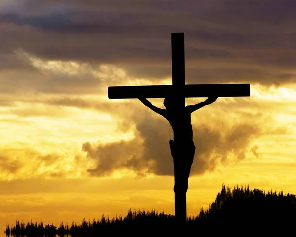 Silhueta Jesus Cristo Crucificação Cruz Sobre Calvário Sexta Feira Santa — Fotografia de Stock