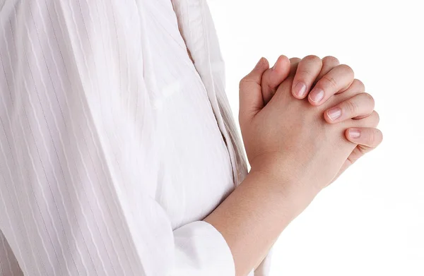 Mãos Mulher Rezam Deus Encerramento Uma Jovem Orando — Fotografia de Stock