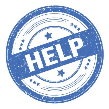 Mavi yuvarlak grungy doku damgası üzerine yardım metni.