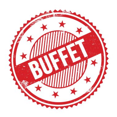 Büfe metni kırmızı grungy zig zag kenarları yuvarlak pul üzerine yazılmış.