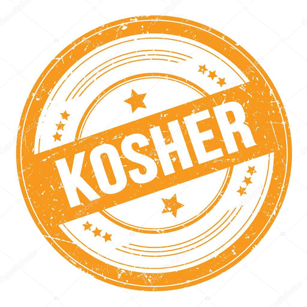 KOSHER text on orange round grungy texture stamp.