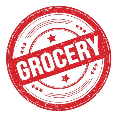 Kırmızı yuvarlak grungy desen damgalı GROCERY metin.