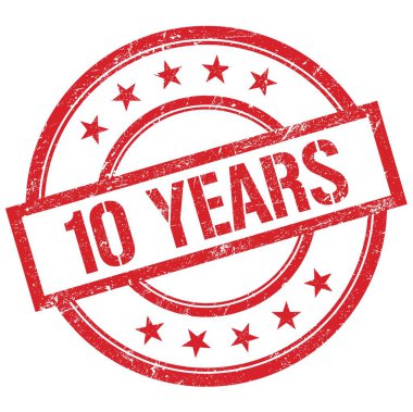 10 yıllık kırmızı yuvarlak plastik mühür üzerine yazılmış metin.