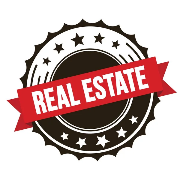 Real Estate Tekst Znaczku Czerwonej Brązowej Wstążki — Zdjęcie stockowe