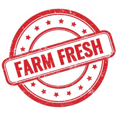 FARM FRESH kırmızı, eski, pasaklı, yuvarlak, lastik damga üzerine metin.