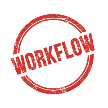 WorKFLOW metni kırmızı grungy vintage yuvarlak pul üzerine yazılmış.